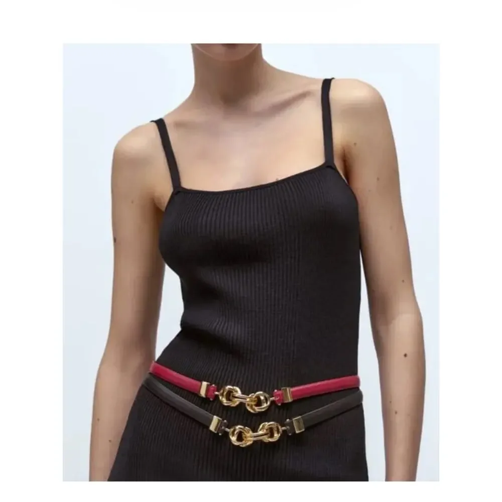 Zara BLACK THIN LEATHER BELT WITH GOLD METAL BUCKLE CLOSURE